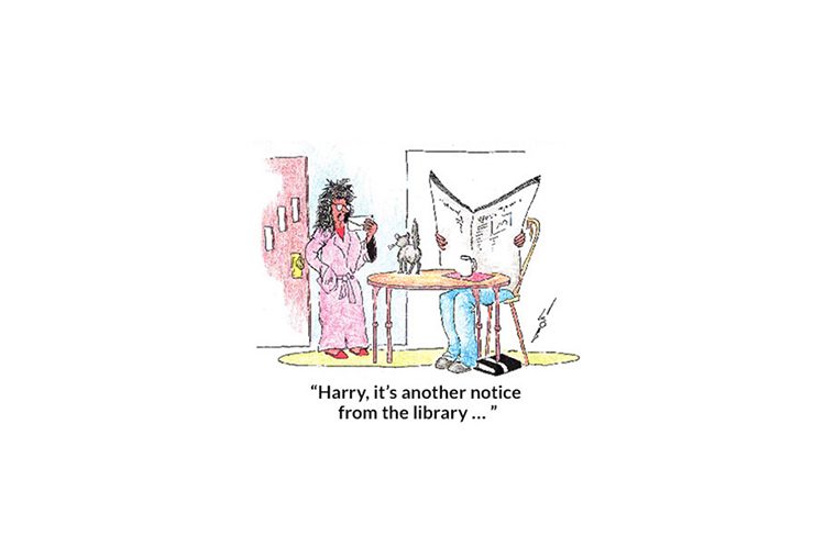 Messy woman holds paper, standing in a house. Man reads newspaper at the table. Text says, â€œHarry, itâ€™s another notice from the library...â€