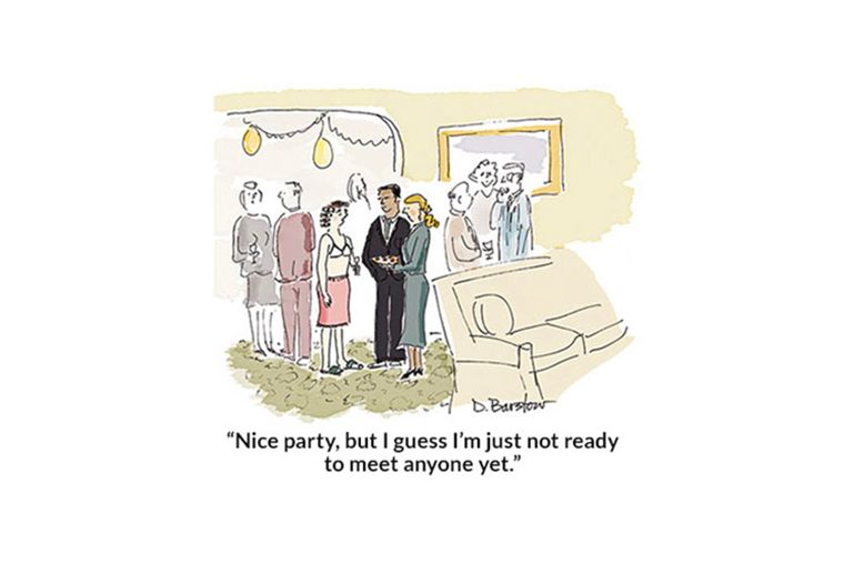 An icebreaker bar separates chatting guests at a party. Text reads: â€œNice party, but I guess Iâ€™m just not ready to meet anyone yet.â€
