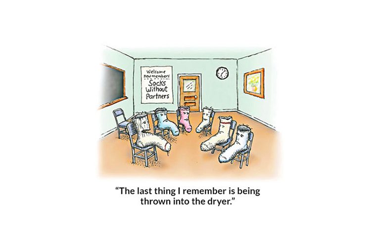 Socks sit in a circle on chairs, discussing their experiences. A sign reads "Welcome new members, Socks Without Partners." Walls have clock and framed pictures.