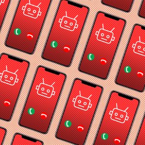 Smartphones displaying robot icons are calling against a red background, arranged in a diagonal pattern, featuring green and red call buttons.