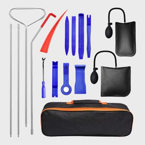 Toolkit components laid out, including metal rods, blue and red plastic tools, black air pumps, and a zippered carrying case, on a plain background.