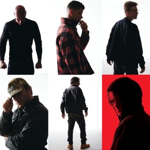 Nine people pose in various outfits and angles against a plain background. One individual stands with a red backdrop, wearing a hood.