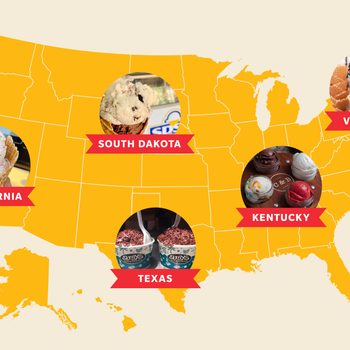 Ice cream images placed on a U.S. map, represent flavors from California, Vermont, South Dakota, Texas, and Kentucky. States are highlighted in yellow.