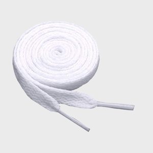 A coiled white shoelace lies on a plain, light gray background.