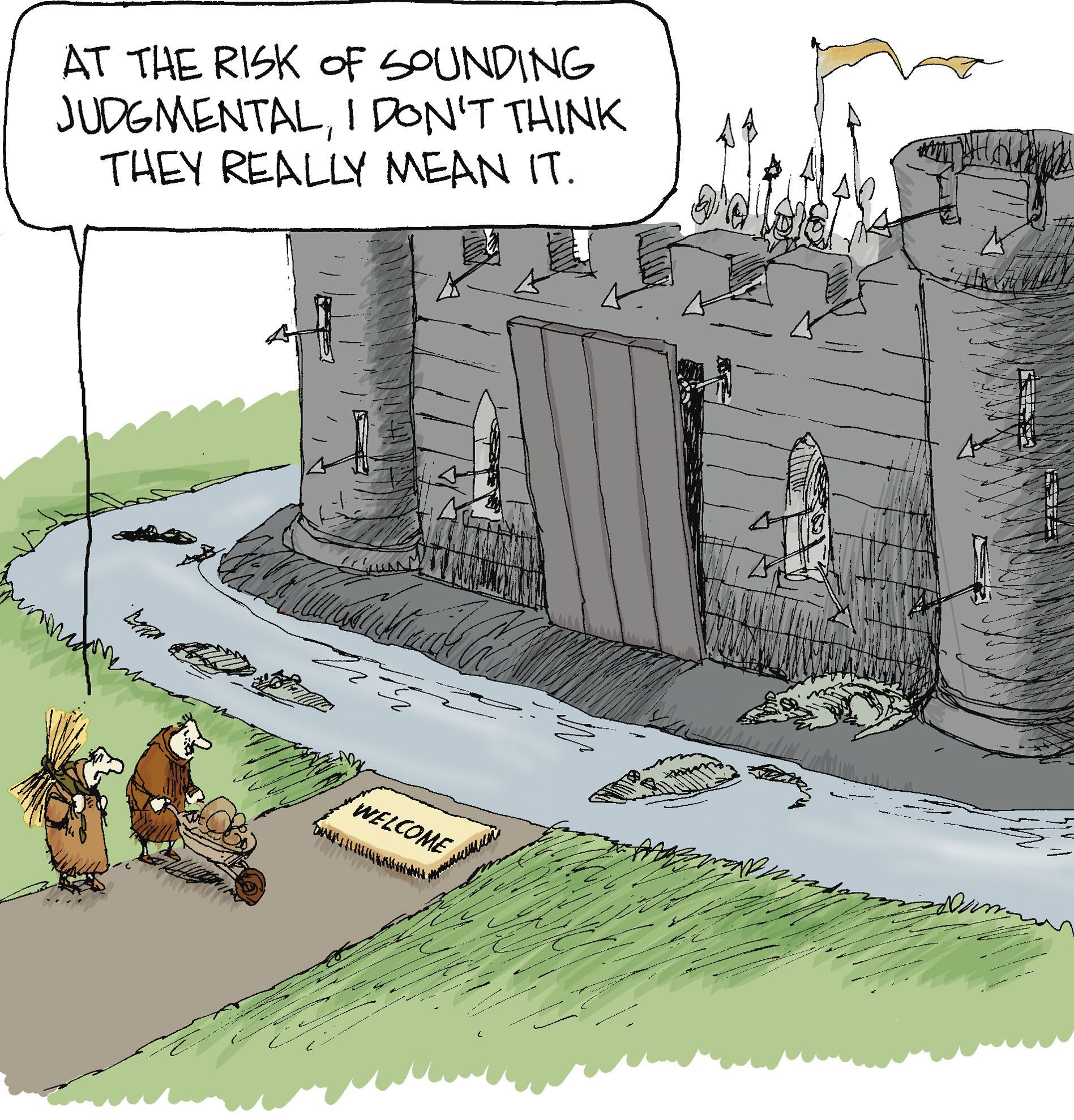 Two figures stand, observing a castle surrounded by water with floating debris. A "WELCOME" mat lies before the closed drawbridge.