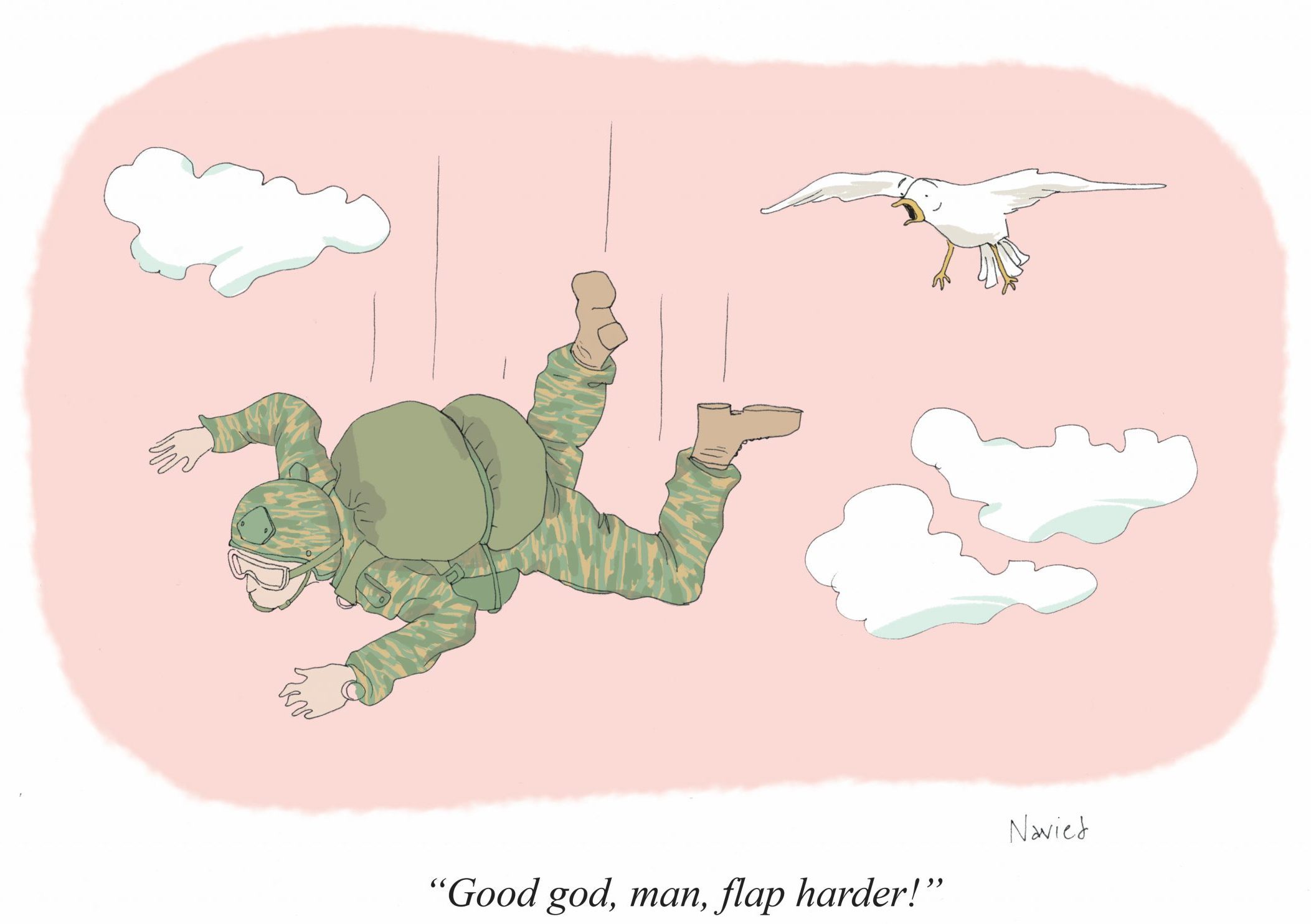 A parachutist plummets through the sky, surrounded by clouds, while a bird flies beside him. Text: â€œGood god, man, flap harder!â€