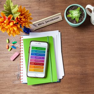 A smartphone displays a colorful schedule on a notebook, surrounded by flowers, a plant, mug, ruler, paperclips, and rubber eraser on a desk.