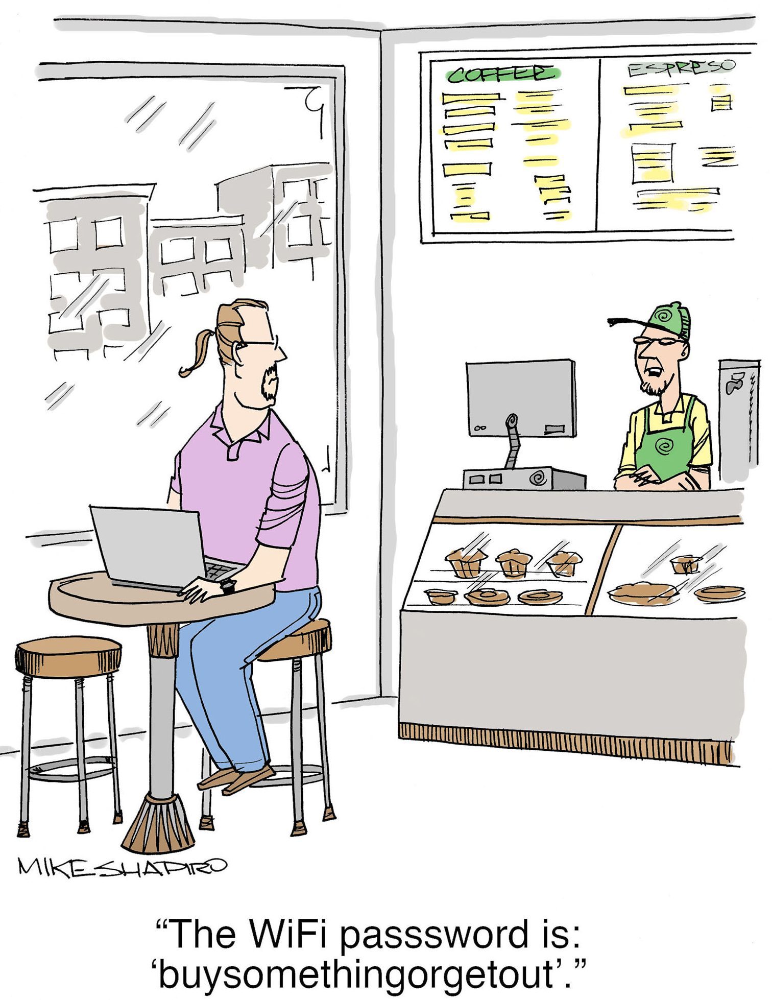 Person sits with laptop in cafÃ©, glancing at menu; barista stands behind counter. Text reads: "The WiFi password is: 'buysomethingorgetout'."