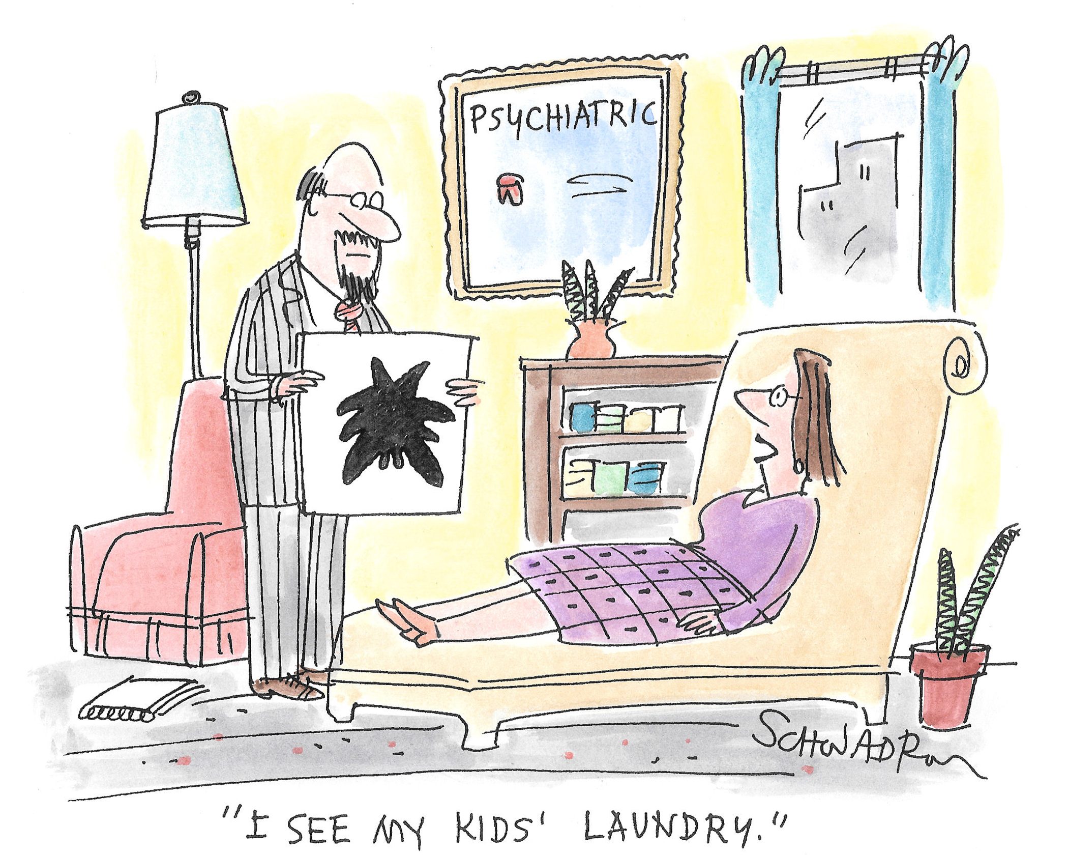 Therapist holds inkblot; patient reclines on couch, responding, "I see my kids' laundry." Office features bookshelf, lamp, window, and plants.
