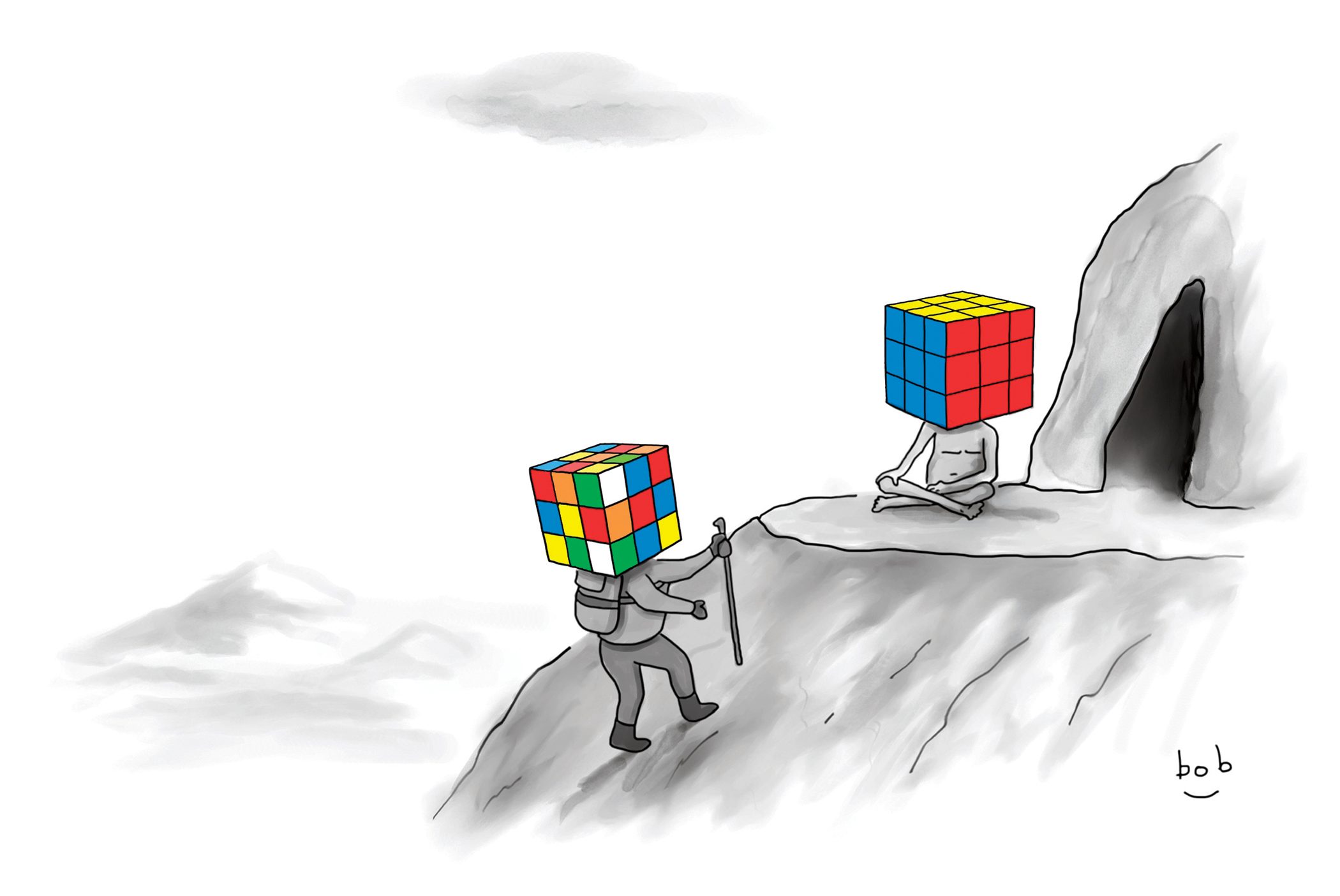 Two figures with Rubik's Cube heads; one climbs, the other meditates near a cave on a rocky mountain. Sky is cloudy. Signature: "bob."