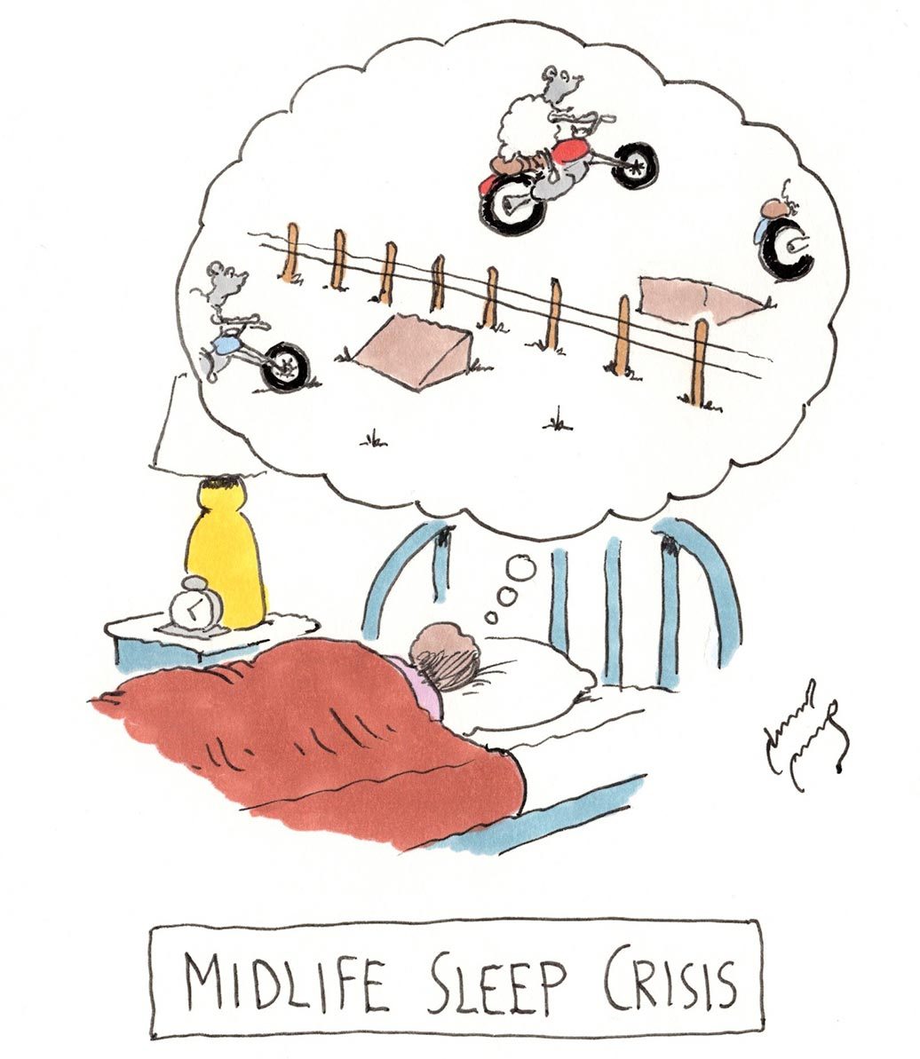 Person sleeps in bed, dreaming of sheep riding motorcycles over ramps. Text reads: "MIDLIFE SLEEP CRISIS." Bedroom setting includes lamp and clock.