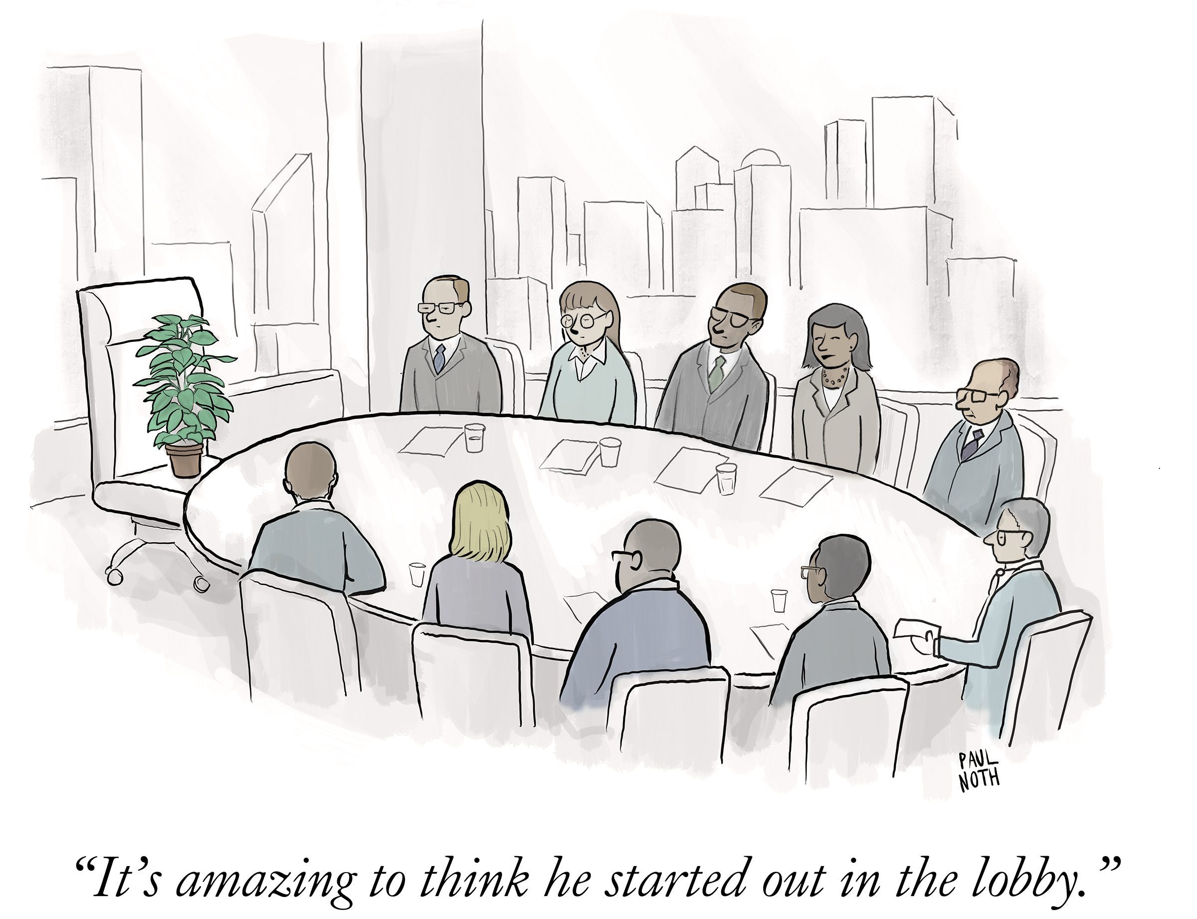 A potted plant sits in a boardroom chair, surrounded by businesspeople. Text reads, "It's amazing to think he started out in the lobby."
