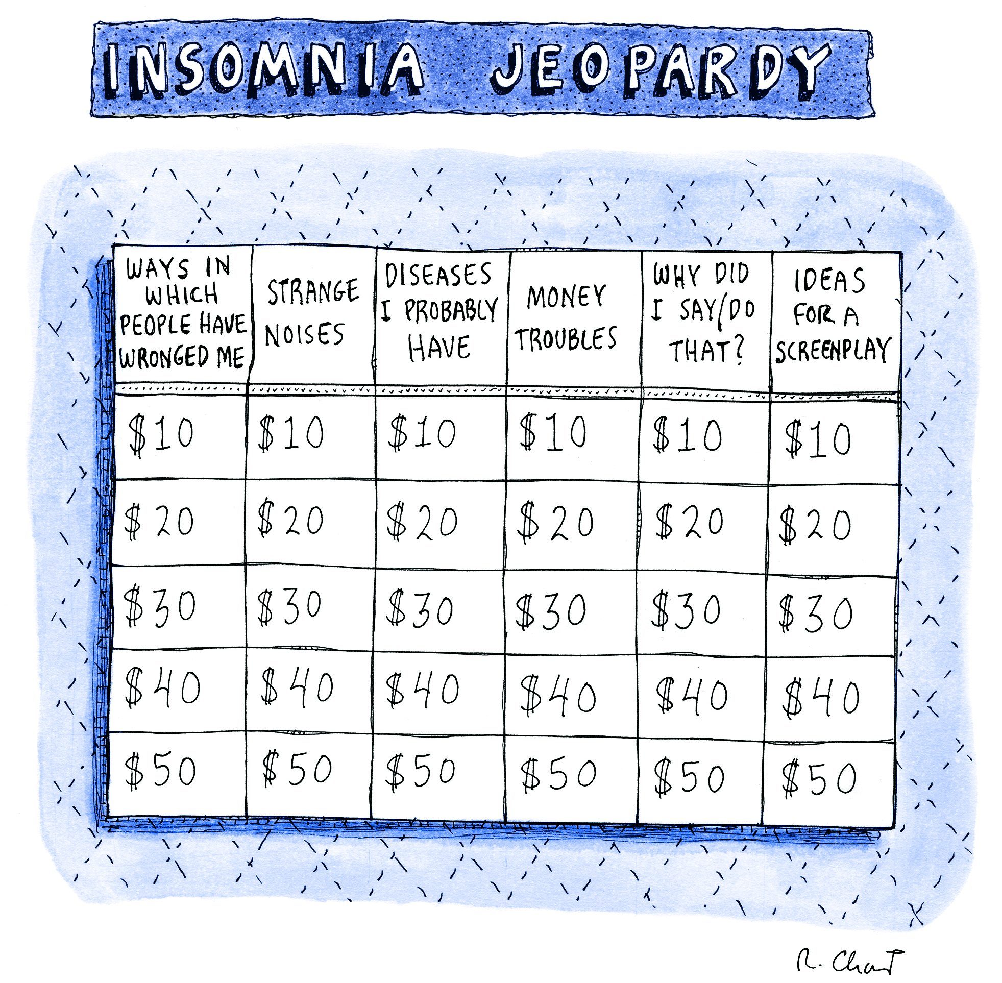 A game board titled "Insomnia Jeopardy" with columns like wrongs, noises, diseases, and screenplays, displaying dollar amounts in a quiz format.