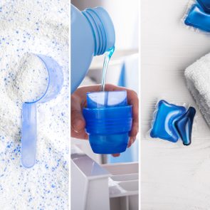 Powder detergent in scoop, liquid detergent pouring into cap, and blue pods near folded white towel on white surface.