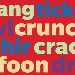 Colorful words appear boldly against a red background, expressing sounds like 