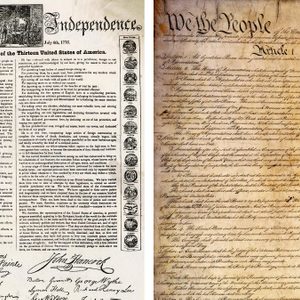 Two historical documents with ornate text detail American founding principles; one titled 