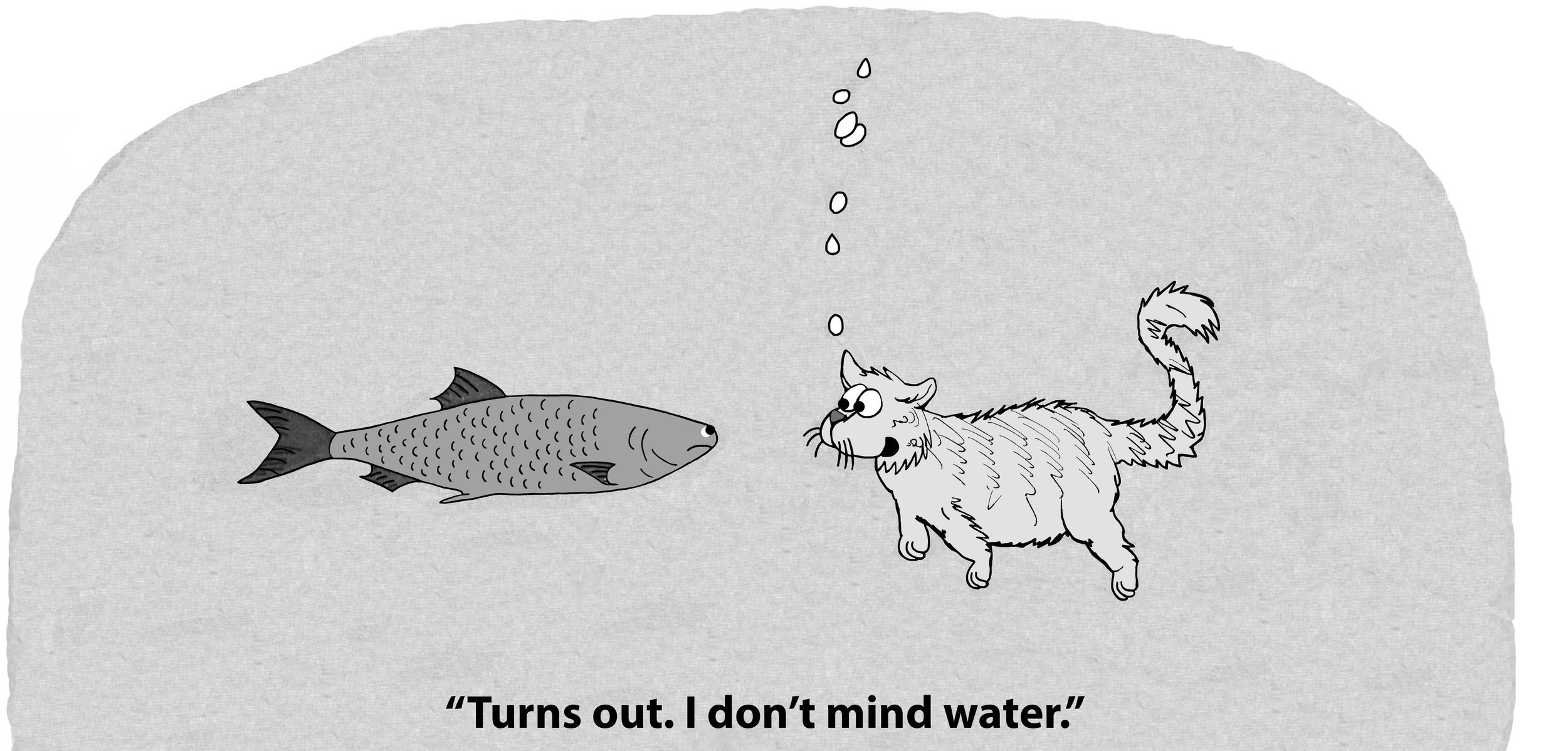 Cat swimming underwater, blowing bubbles, encounters fish. Caption reads: "Turns out. I donâ€™t mind water." Tail is curved playfully.