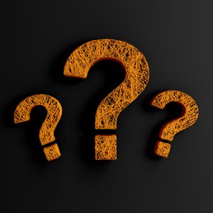 Three orange string-patterned question marks float against a solid black background.