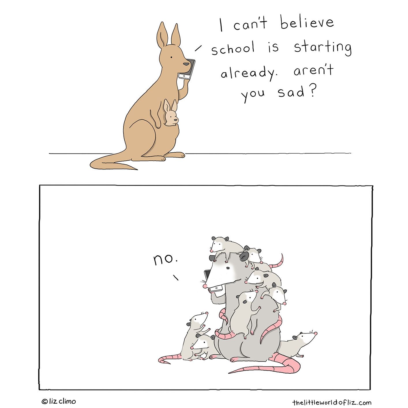 Kangaroo holds phone, talks to opossum about school starting. Opossum surrounded by babies, replies "no" in simple setting.