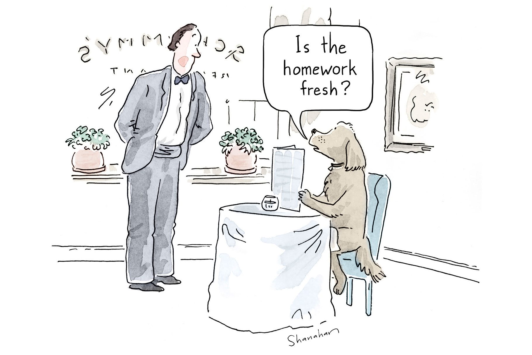 A dog sits at a restaurant table, holding a menu, asking a waiter, "Is the homework fresh?" in a humorous setting.