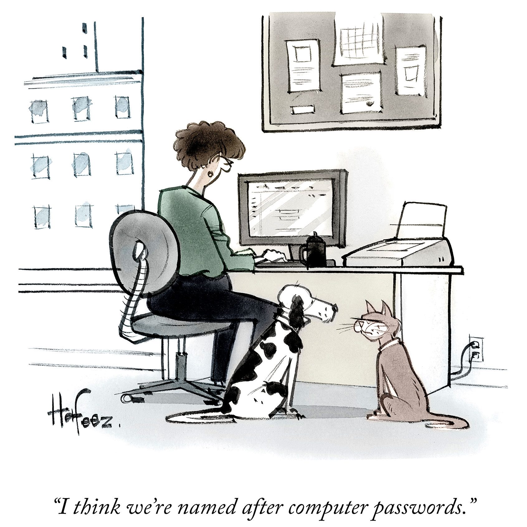 Woman types at desk; dog and cat sit nearby. Office setting with computer and paperwork. Caption: "I think we're named after computer passwords."