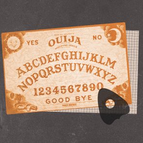 Ouija board displays letters, numbers, 