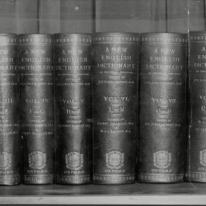 Books sit in a row, displaying spines labeled 