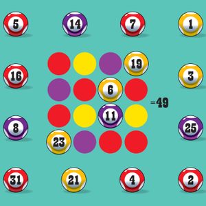 Colored billiard balls arrange around a center grid; numbers displayed suggest a puzzle, with a total sum of 49 highlighted beside the grid.