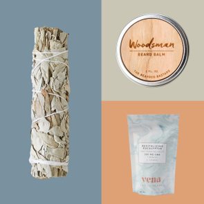 Three items are displayed: sage bundle wrapped in string on blue, beard balm tin labeled 