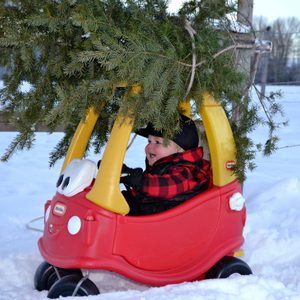 Toy car carries a child, wearing a red plaid coat, transporting a small tree in snowy, rural setting.