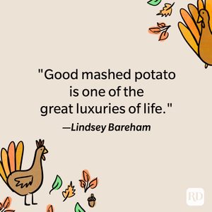 Quote about mashed potatoes is surrounded by colorful autumn leaves and cartoon turkeys, creating a festive, seasonal atmosphere.