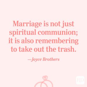 Text quotes Joyce Brothers on marriage as spiritual and remembering chores; set against a light pink background with faint rings.
