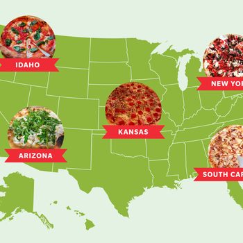 Pizzas labeled Idaho, New York, Arizona, Kansas, South Carolina, are shown on a map of the United States, highlighting their specific regions.