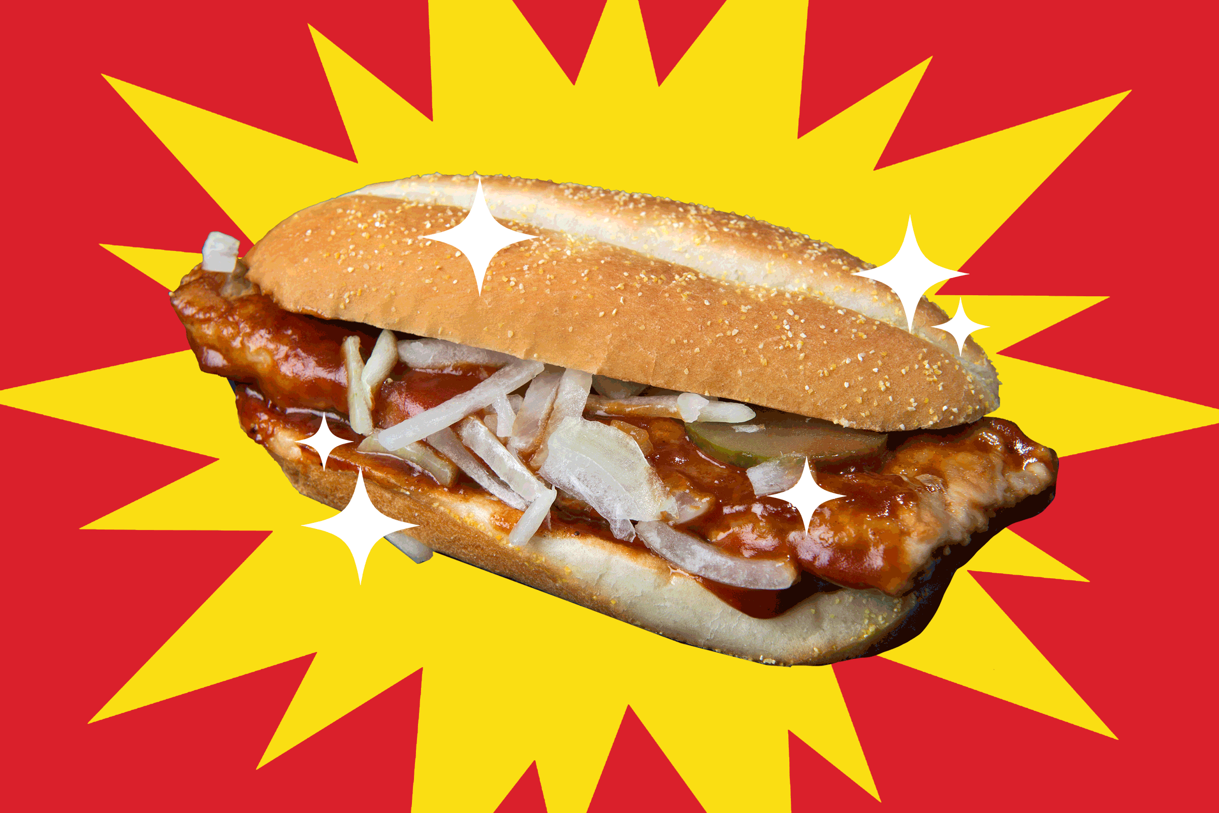 Sandwich sparkles on explosion graphic; toasted bun, barbecue pork, onions, pickles in vibrant red and yellow starburst backdrop.