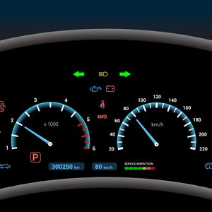Dashboard displays vehicle gauges and indicators; speedometer at 80 km/h, odometer reads 300250 km, with warning lights for engine and battery in vehicle interior.