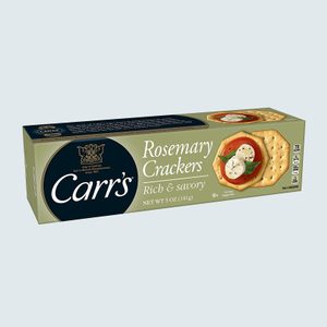 Box of Carr's Rosemary Crackers, featuring a tomato and cheese serving suggestion, placed on a plain background.