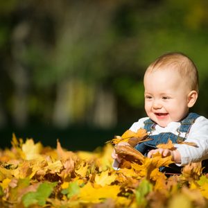 A joyful baby plays with autumn leaves in a sunny park, surrounded by greenery.