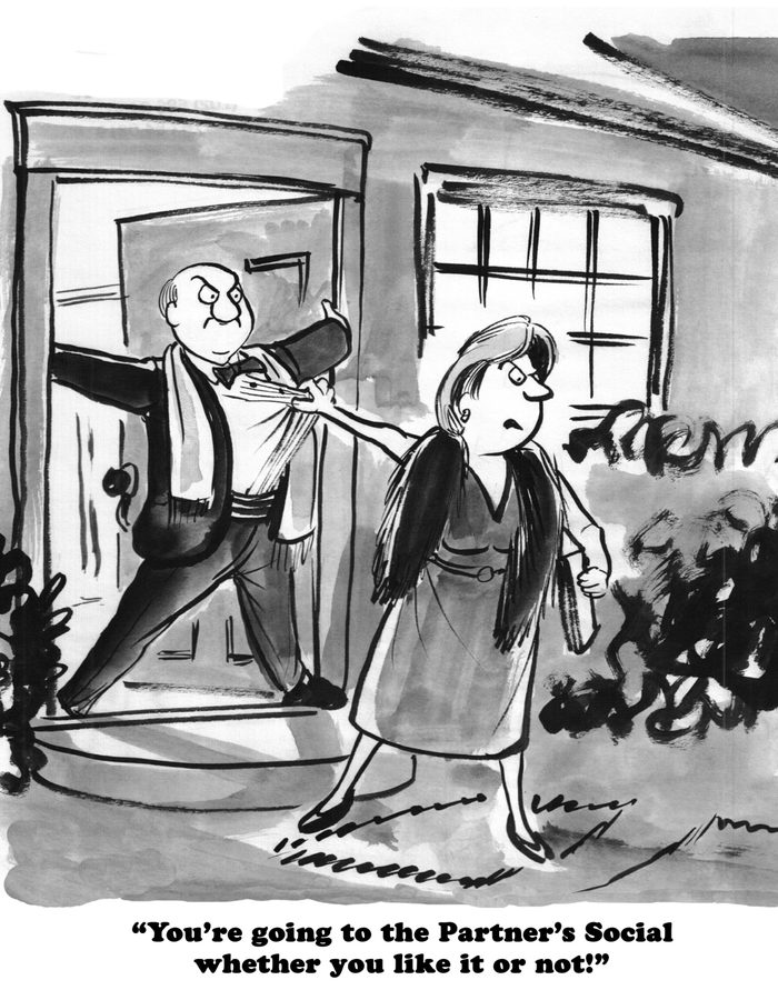 Law cartoon about a man not wanting to go to the partners' social event.
