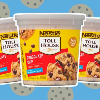 Cookie dough containers display chocolate chip cookies, set against a patterned blue background with cookie illustrations. Text includes "Nestle Toll House" and "Chocolate Chip."