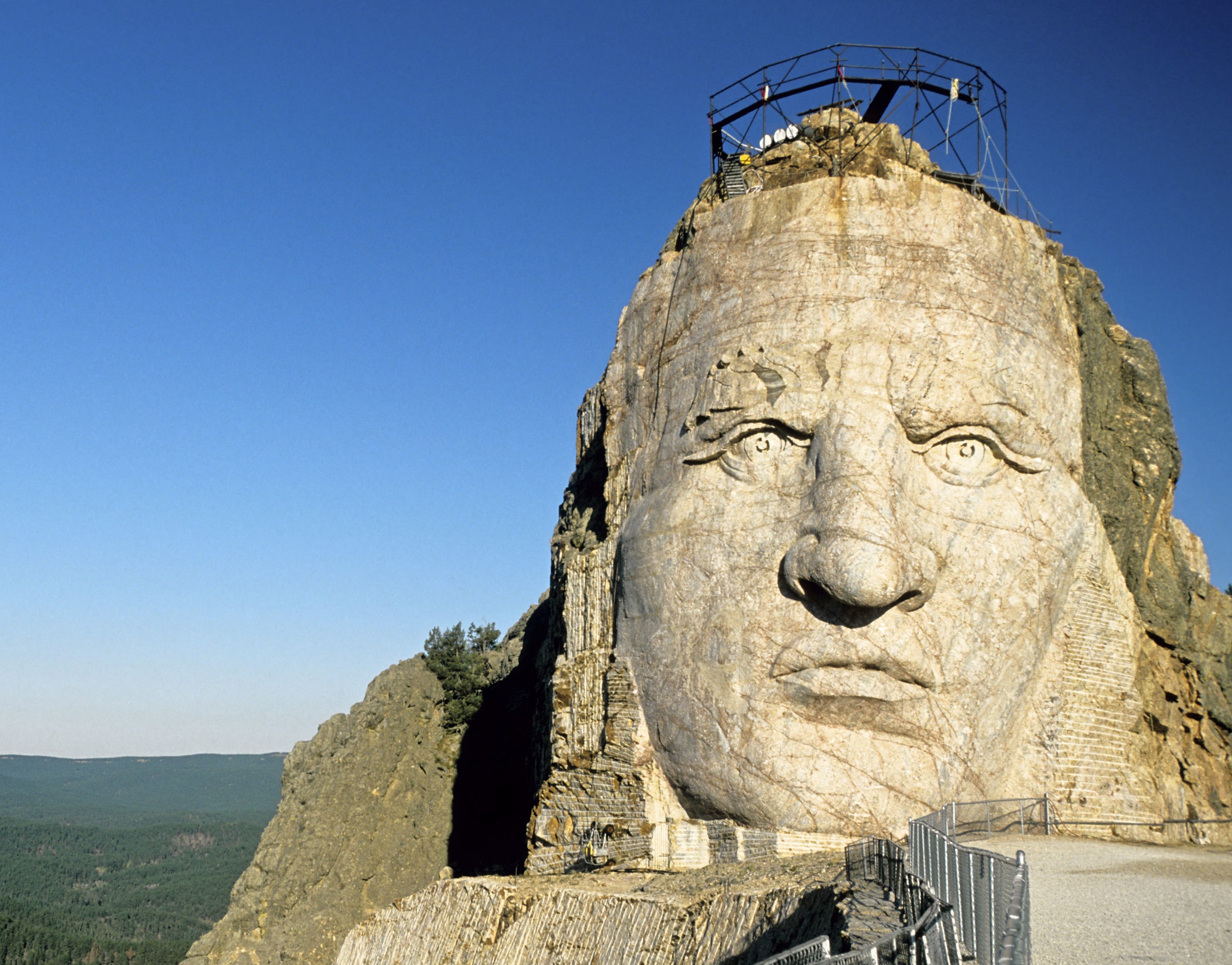 Mandatory Credit: Photo by Patrick Frilet/Shutterstock (435790e) The sculpture of the warrior Crazy Horse, who led the Lakota tribe at the Battle of Little Bighorn in 1876. The Crazy Horse Memorial monument was carved out of Thunderhead Mountain on land considered sacred by some Native Americans and its sculpturing begun in 1948 by sculptor Korczak Ziolkowski. South Dakota, America. SOUTH DAKOTA, AMERICA