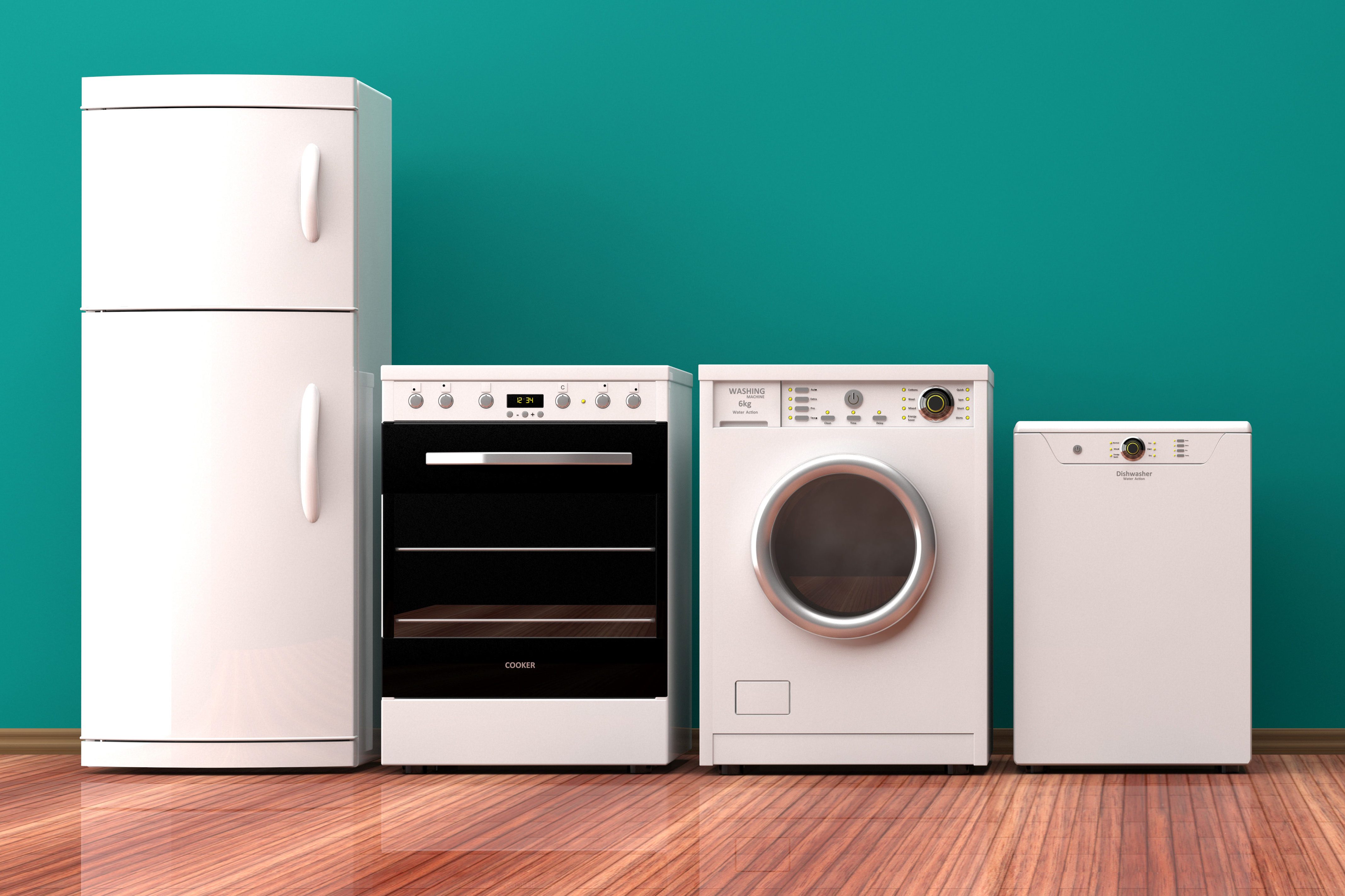 Set of electric home appliances on a wooden floor, green wall background. 3d illustration