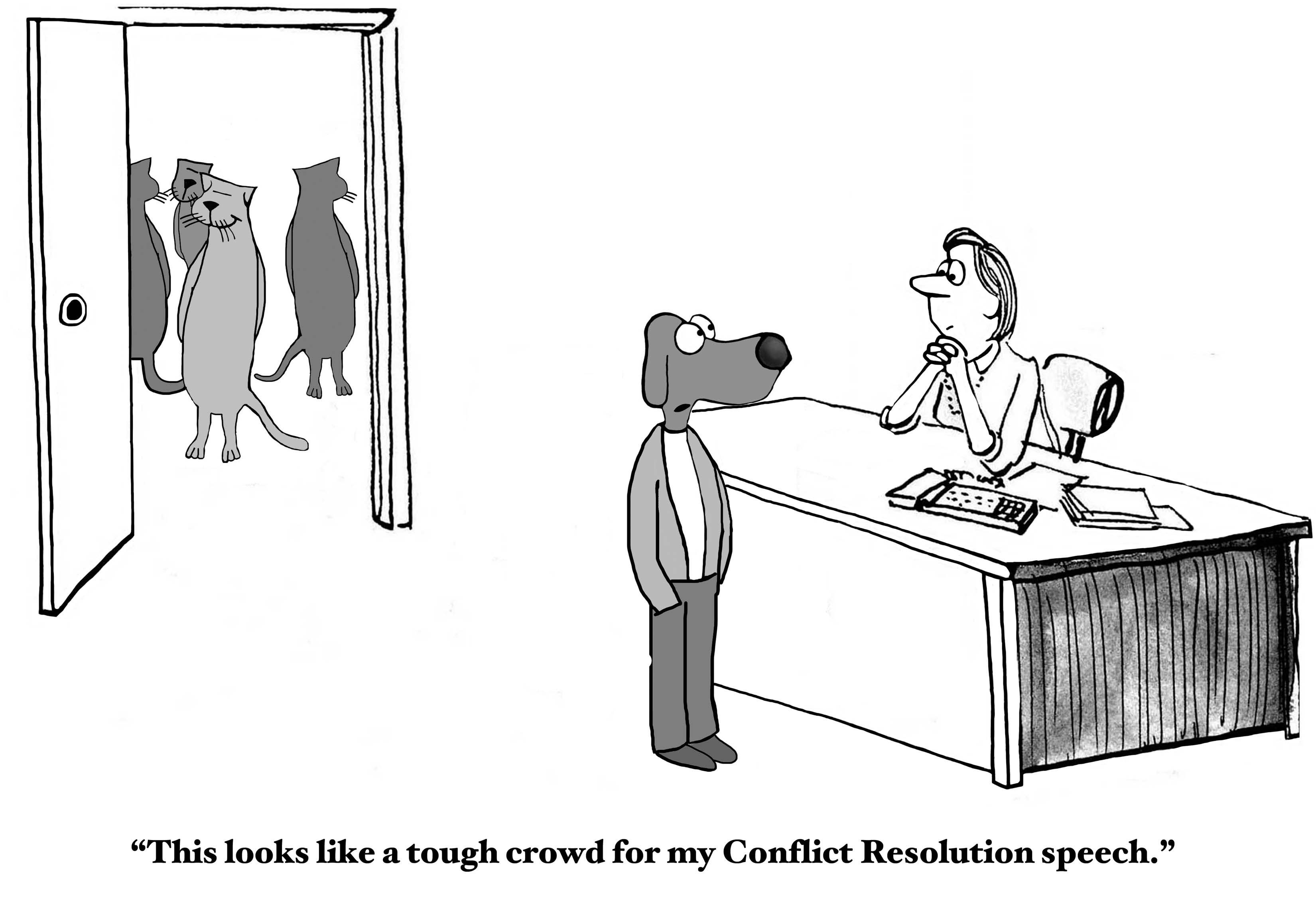 A dog stands nervously in an office, speaking to a human. Four cats peer menacingly through the doorway. Text: â€œThis looks like a tough crowd..."