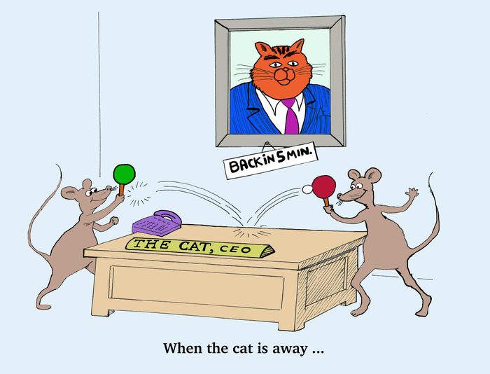 Business cartoon about corporate culture. When the cat is away, the mice will play.