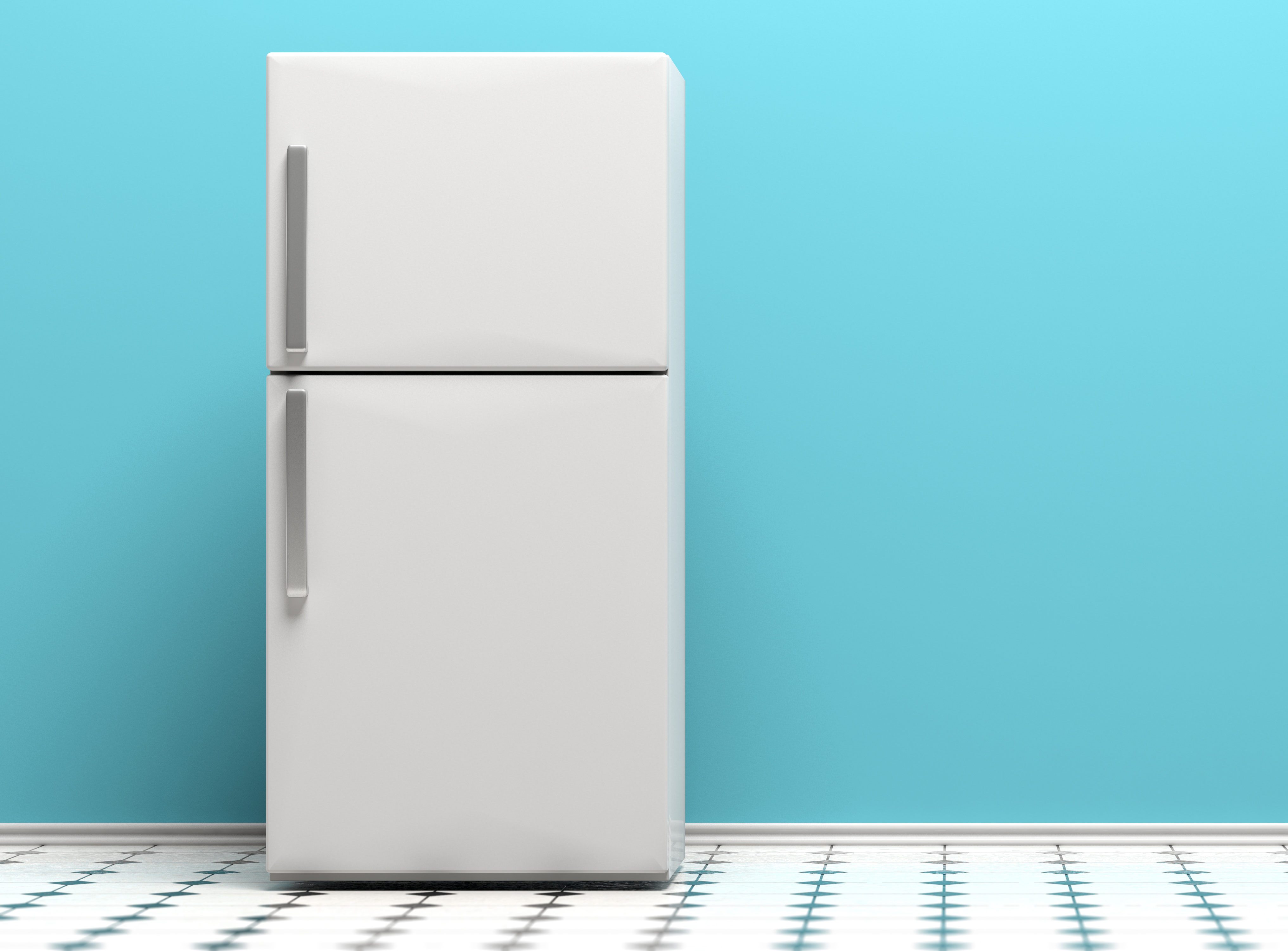 Refrigerator, fridge on kitchen tiled floor, blue wall background, copy space. 3d illustration