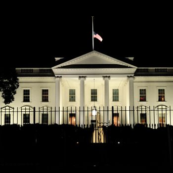 The White House illuminated at night, viewed through an iron fence, with an American flag flying atop, set against a dark sky.