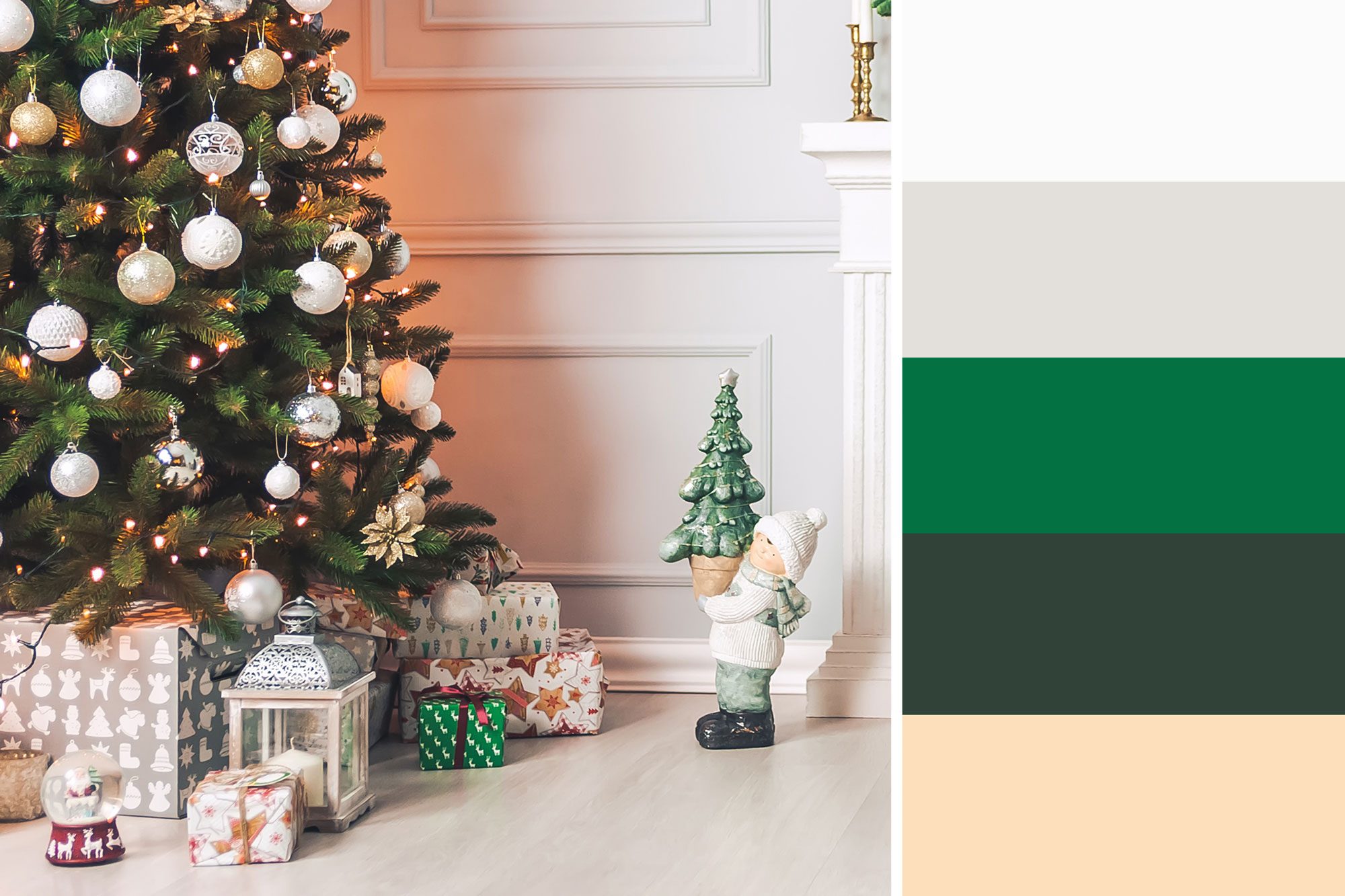 white christmas decorations and gifts around a christmas tree next to a christmas color palatte inspired by the image