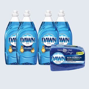 Four blue Dawn dish soap bottles stand beside a two-pack of non-scratch premium scrubber sponges against a light gray background.