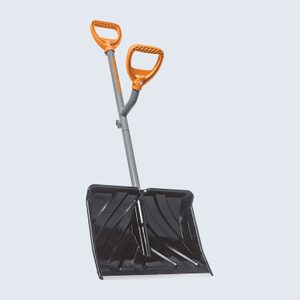A snow shovel with dual orange handles is standing upright against a light blue background, featuring a wide black scoop for effective snow removal.