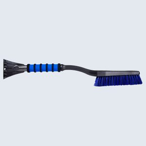 A blue-handled snow brush with a scraper attached, resting on a plain white background.