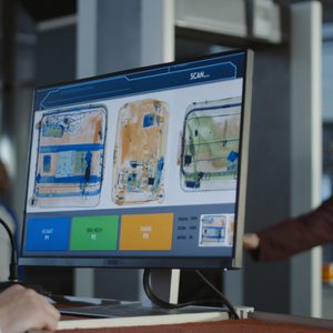 A computer monitor displays x-ray scans of luggage in an airport security setting, with blurred individuals in the background.